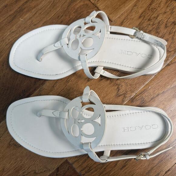 Coach Jaci Logo T-strap Flat Sandals Slingback Women's 9.5B White Leather C2924 - Picture 3 of 8